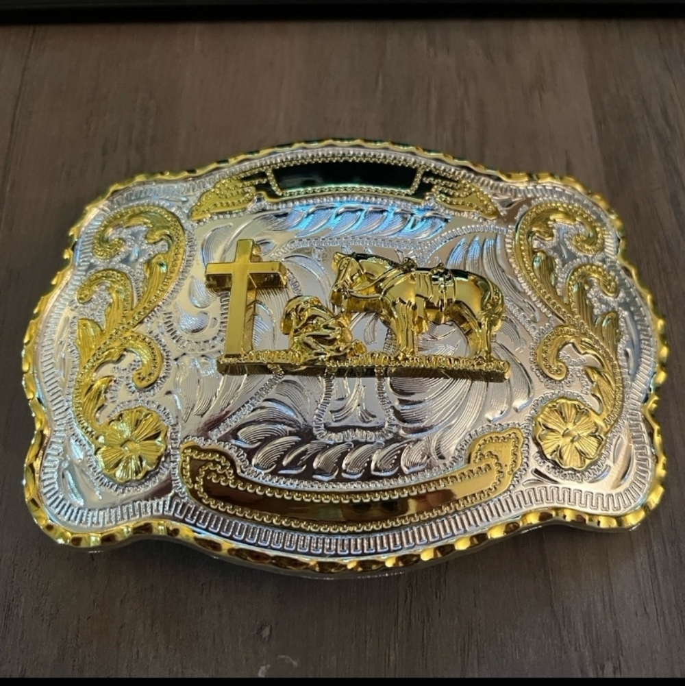 Cowboy man of faith at cross with horse Belt buckle